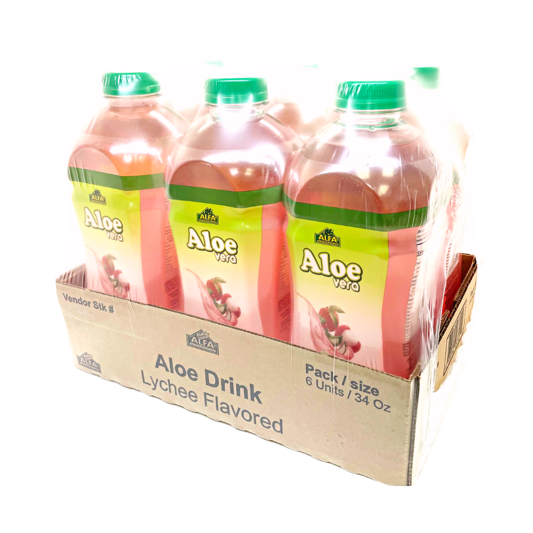 A cardboard box contains six 34-ounce bottles of Aloe Vera Drink-Lychee by Alfa Vitamins, a superfood elixir beneficial for digestion. The bottles feature green caps, clear wrapping, and labels with lychee images and the brand prominently displayed.