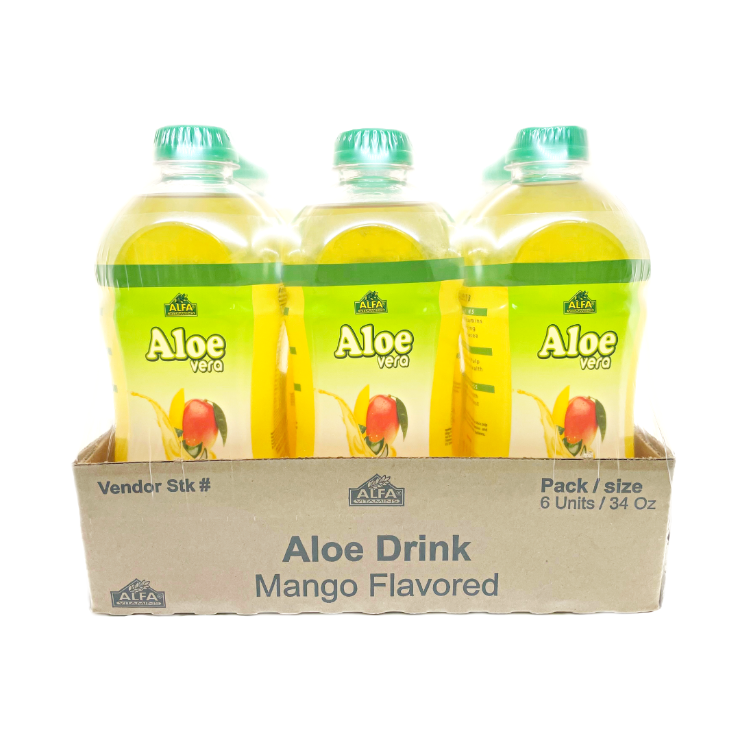 Three 34oz bottles of Alfa Vitamins Aloe Vera Drink-Mango, a digestive-supporting superfood elixir, rest in a box adorned with aloe and mango imagery. Each has a green cap and yellow liquid. The package text reads Aloe Drink Mango Flavored, offering six units per pack.