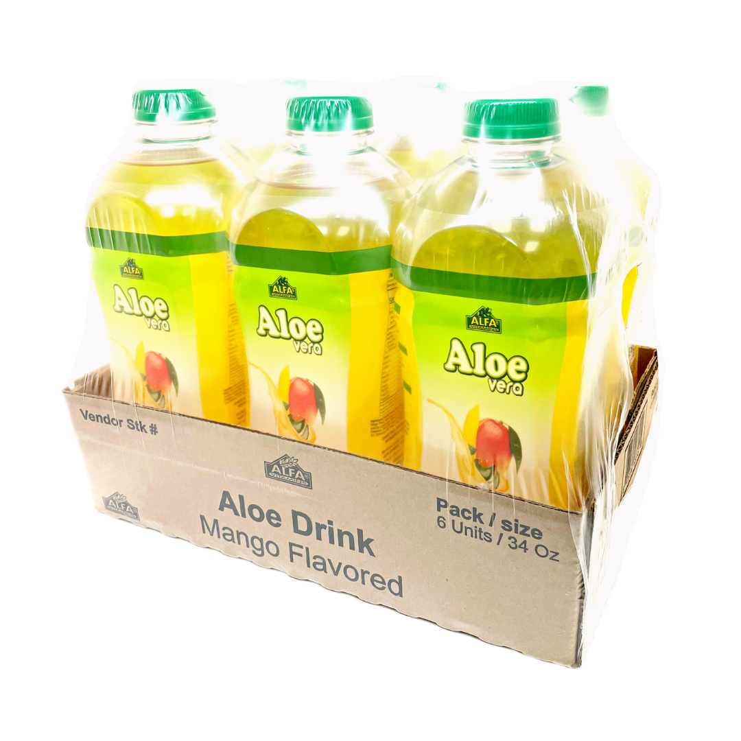 A cardboard box contains six 34oz bottles of Alfa Vitamins Aloe Vera Drink-Mango. Each translucent bottle, with a green cap, is wrapped in plastic and features labels showcasing aloe vera leaves and mango images.