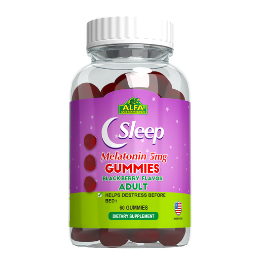 A clear bottle of Alfa Vitamins Melatonin Gummies, featuring a purple label with 5mg Melatonin, Blackberry Flavor, Adult and a small American flag. The bottle contains 60 gummies, claiming to help destress and improve sleep quality.