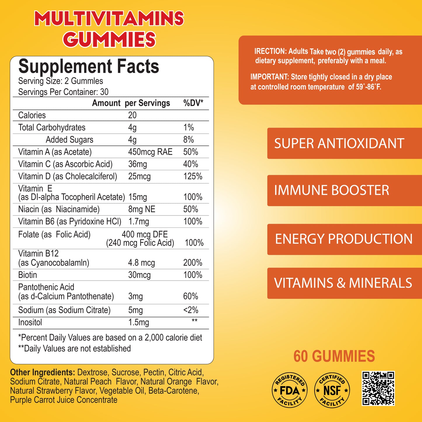 Supplement facts for MultiVitamins for Adults - Orange Flavor 60 Gummies by Alfa Vitamins Store, include essential vitamins/minerals, daily values, directions, and health claims. Features Super Antioxidant, Immune Booster, and Energy Production. FDA registered, NSF certified.