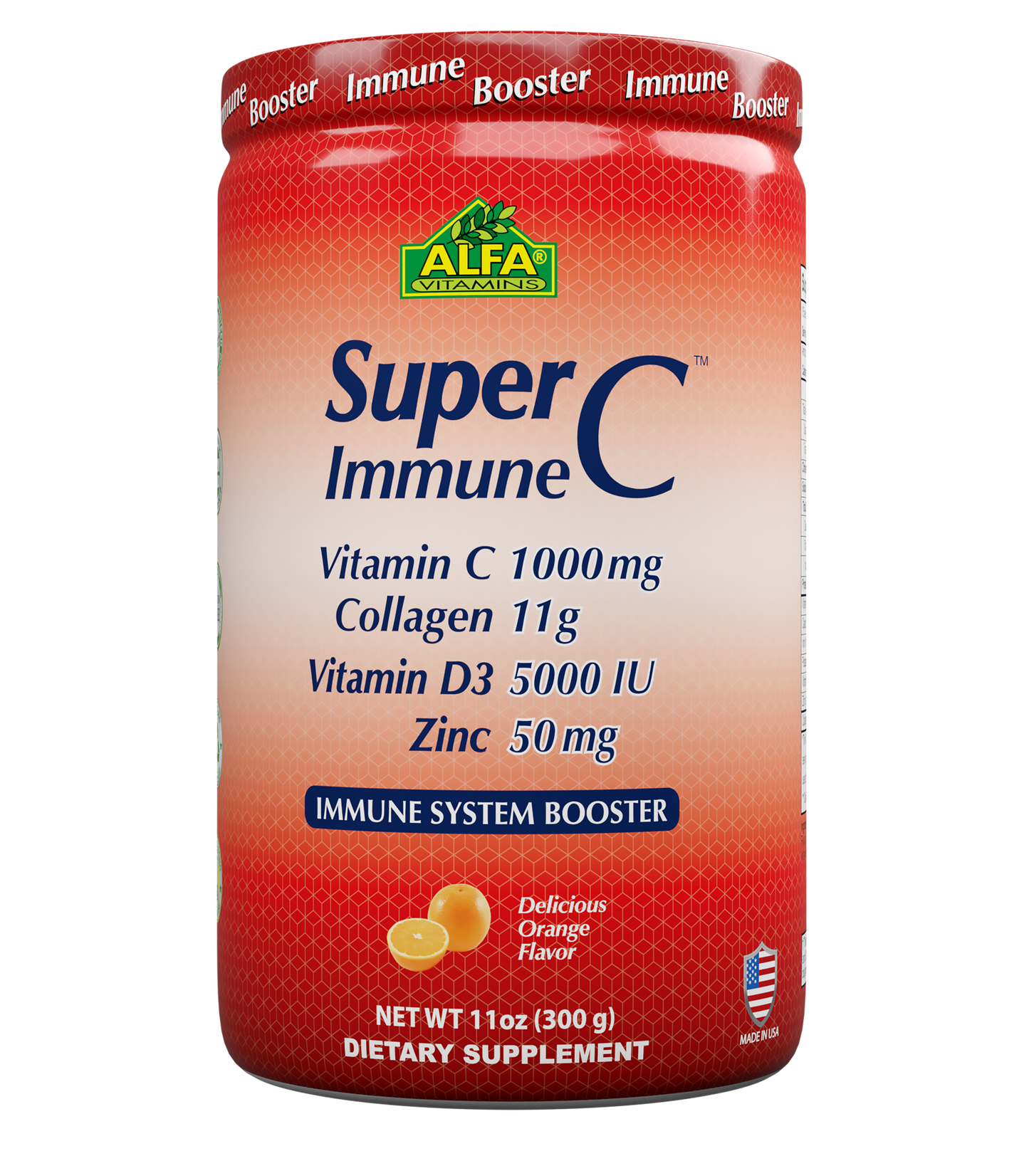 A red container of Alfa Vitamins SuperC Immune powder formula features Vitamin C, collagen, vitamin D3, and zinc. Labeled as a Delicious Orange Flavor immune system booster with a net weight of 11 oz (300 g).