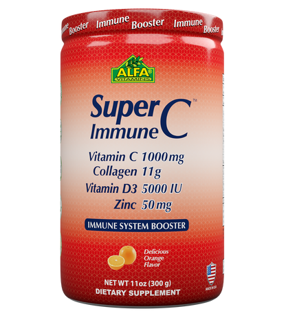 A red container of Alfa Vitamins SuperC Immune powder formula features Vitamin C, collagen, vitamin D3, and zinc. Labeled as a Delicious Orange Flavor immune system booster with a net weight of 11 oz (300 g).