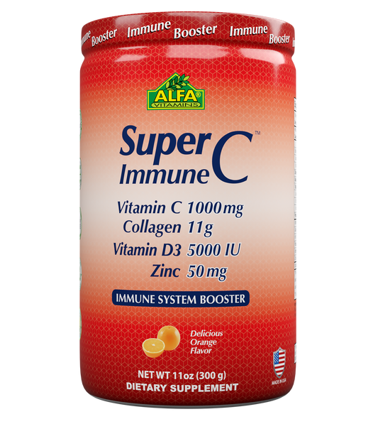 A red container of Alfa Vitamins SuperC Immune powder formula features Vitamin C, collagen, vitamin D3, and zinc. Labeled as a Delicious Orange Flavor immune system booster with a net weight of 11 oz (300 g).