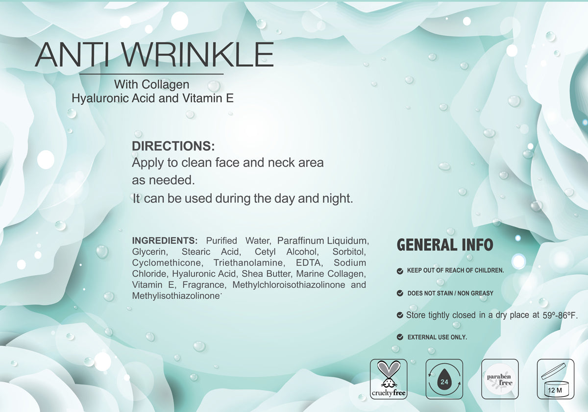 The label for Alfa Vitamins Stores Anti-Wrinkle Cream - 2 oz from Lawrens Cosmetics features a turquoise floral background, detailing directions, ingredients, general info, and safety icons. It contains collagen, hyaluronic acid, and vitamin E.