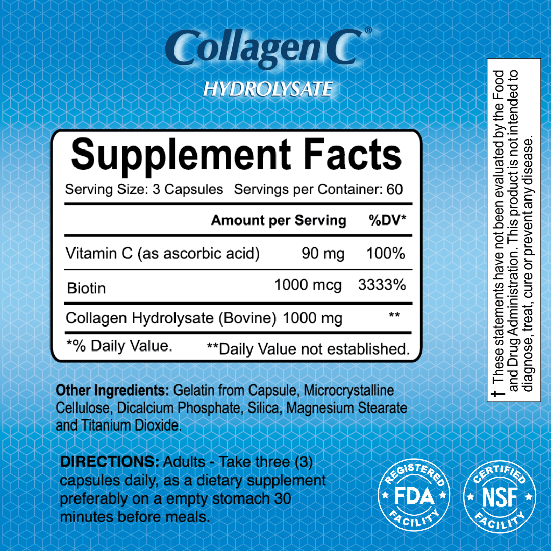 The CollagenC Hydrolysate by Alfa Vitamins includes 1000 mg of vitamin C, 1000 mcg of biotin, and 10,000 mg of collagen hydrolysate. Ingredients include gelatin. Suggested use: take three capsules daily, 30 minutes before meals.