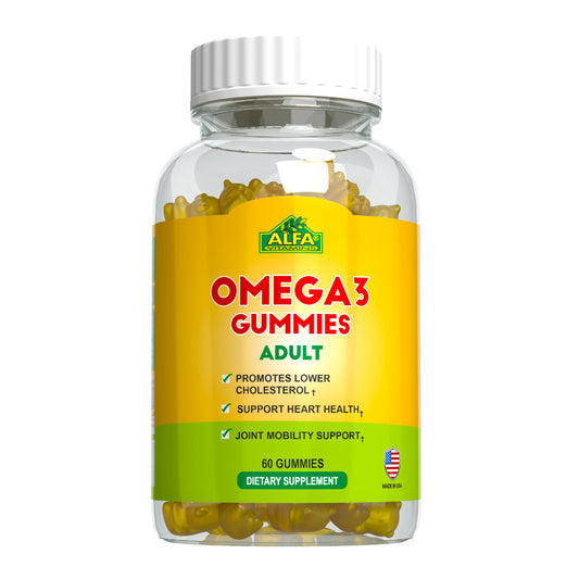 The Alfa Vitamins Stores Omega 3 Adult Gummies feature a yellow label, support cholesterol reduction, heart health, and joint mobility. They are rich in DHA and EPA, come with 60 gummies as a dietary supplement, and are made in the USA.