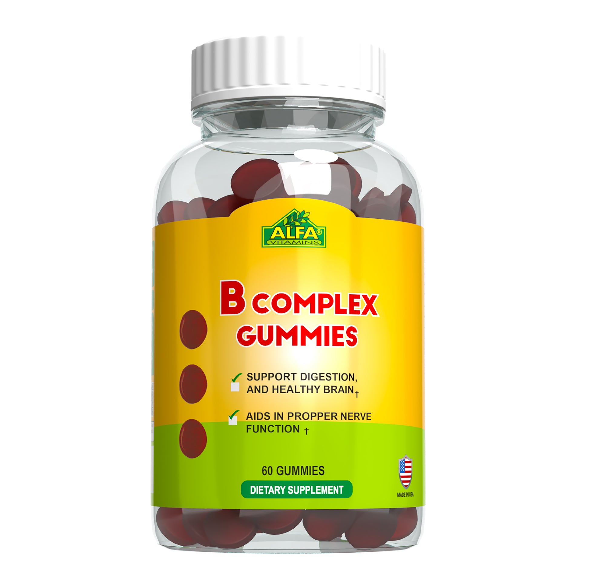 A bottle of B Complex Gummies from the Alfa Vitamins Store, featuring a vibrant yellow label, supports digestion, brain health, nerve function, and boosts immune support. This dietary supplement contains 60 gummies enriched with essential B vitamins.