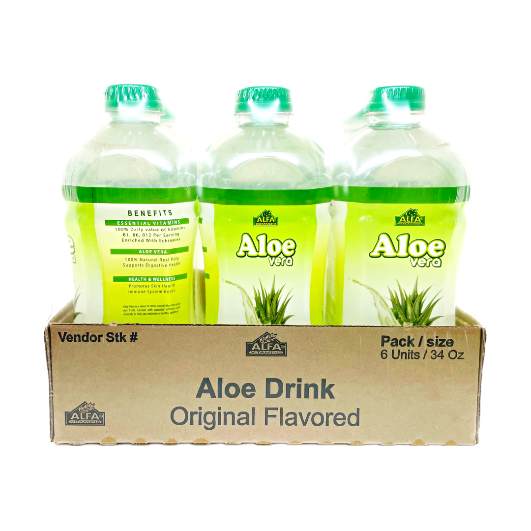 A box of six transparent bottles of Alfa Vitamins Aloe Vera Drink-Original showcases the green superfood elixir. The labels display aloe vera plant images and promote digestive support benefits, with product information detailed on the box.