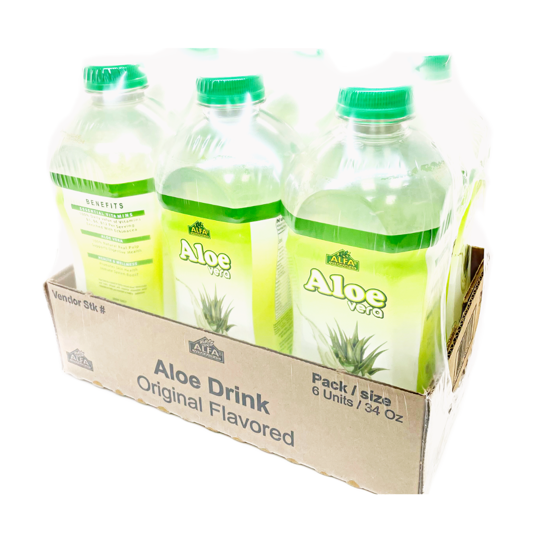 A six-pack of Alfa Vitamins Aloe Vera Drink-Original, housed in clear bottles with green caps, is displayed in an open box. The bottles feature a green label reading Aloe Drink Original Flavored, 34 oz. with an aloe plant image and promote digestive support as a superfood elixir.