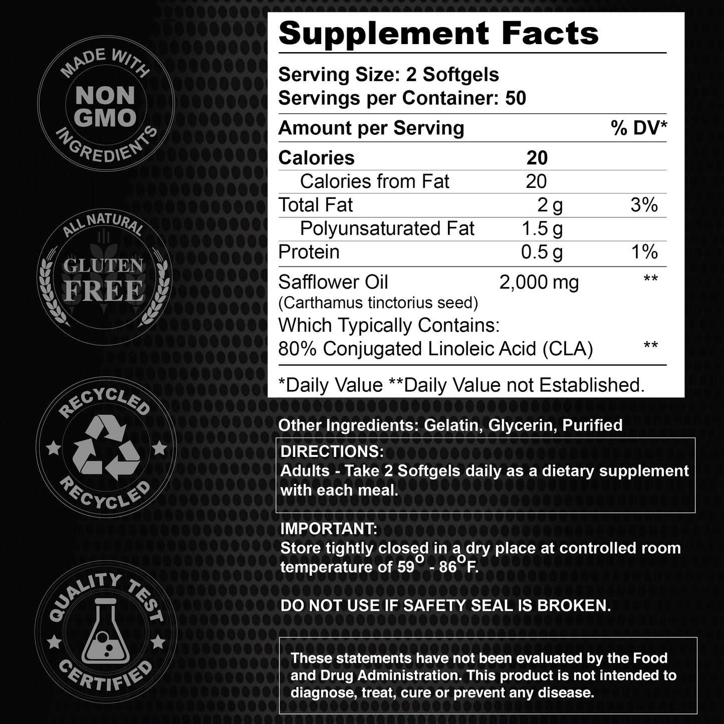 The Maximum CLA 2000 mg softgels by Alfa Vitamins feature a black and white supplement facts label detailing nutritional info, ingredients, and usage. The design includes icons for non-GMO, gluten-free, recyclable, quality tested certified, and all-natural ingredients. Safflower oil supports weight management.