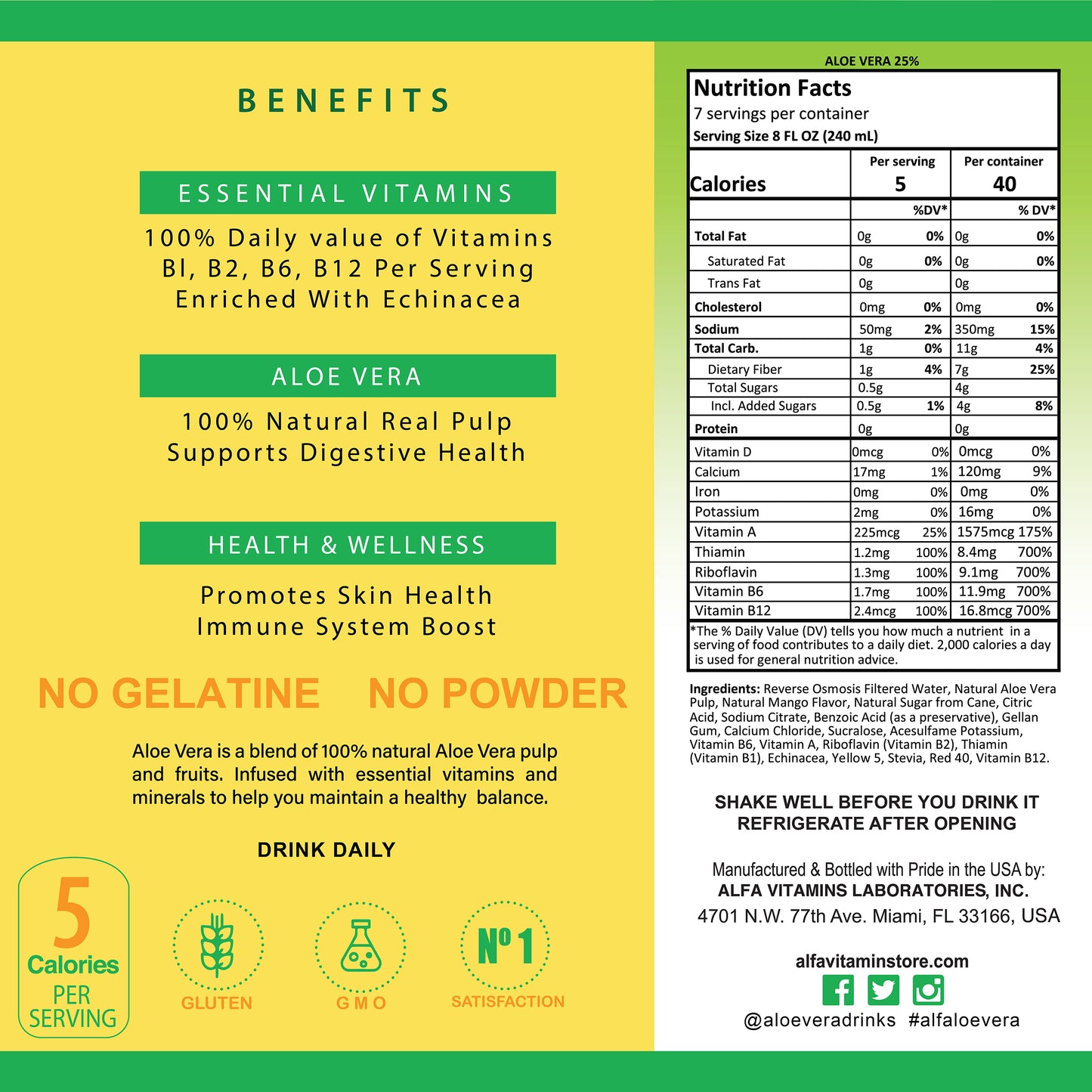 Discover the nourishing benefits of Alfa Vitamins Aloe Vera Drink-Mango, a superfood elixir rich in essential vitamins and aloe for your health and digestion. Its non-GMO and gluten-free, with detailed nutritional facts and company contact info on the label.