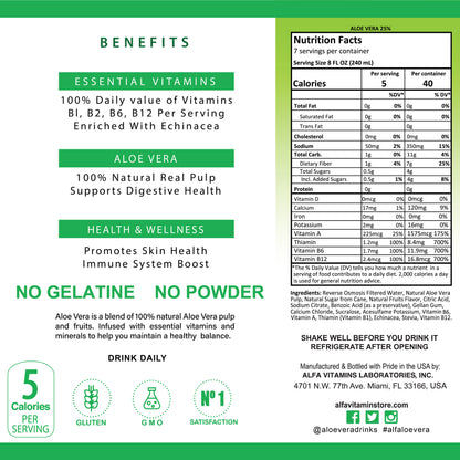 The Alfa Vitamins Aloe Vera Drink-Original label highlights benefits, nutrition facts, and contact details, showcasing essential vitamins and natural aloe pulp for skin health plus immune and digestive support. This superfood elixir is gelatine-free, powder-free, gluten-free, and non-GMO.