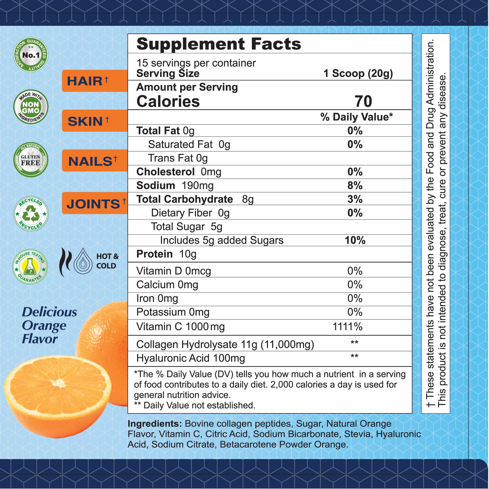 The supplement facts label for Alfa Vitamins CollagenC Peptides Hydrolysate powder (11 oz) includes nutrition per serving, suggested use, and benefits for skin, nails, and joints. Orange imagery highlights the natural flavors. Certified non-GMO and soy-free with nutrient sources detailed.