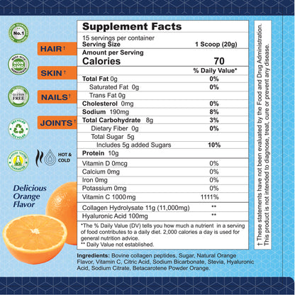 The supplement facts label for Alfa Vitamins CollagenC Peptides Hydrolysate powder (11 oz) includes nutrition per serving, suggested use, and benefits for skin, nails, and joints. Orange imagery highlights the natural flavors. Certified non-GMO and soy-free with nutrient sources detailed.