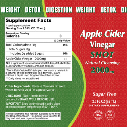 The label for Alfa Vitamins Stores Apple Cider Vinegar Shot 2000 MG - 20 Pack highlights its dietary benefits with 2000 mg per serving, promoting natural cleansing. Its sugar-free, suggests refrigeration post-opening, and includes FDA disclaimers for health-conscious users.