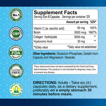 The blue label of Alfa Vitamins CollagenC Hydrolysate with Biotin PREMIUM FORMULA - 120 capsules shows serving size, ingredients such as Vitamin C, Biotin, CollagenC Hydrolysate, and Hyaluronic Acid, along with certifications like GMP, FDA-approved, and gluten-free. Usage instructions are at the bottom.