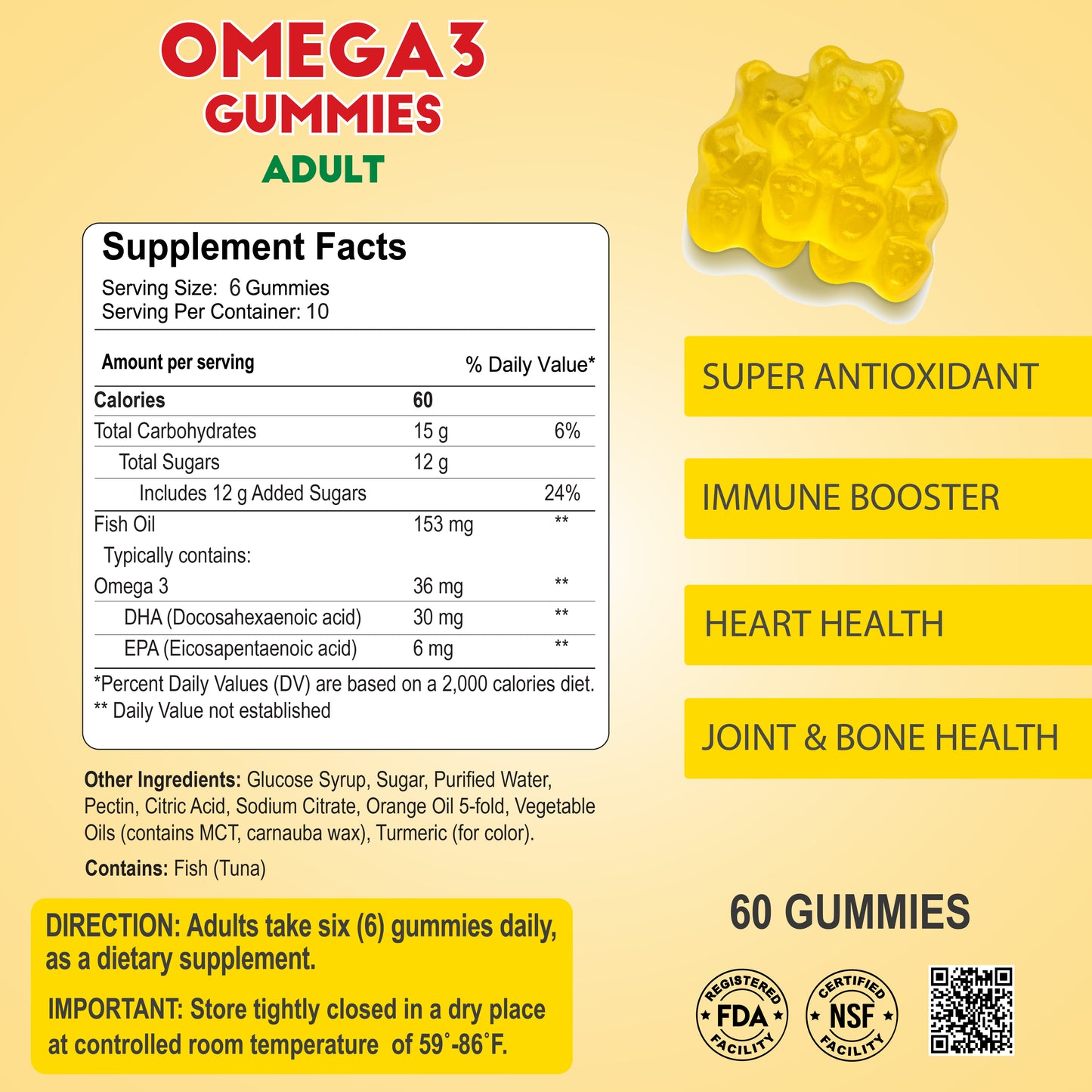 The Alfa Vitamins Stores Omega 3 Adult Gummies include nutrition facts and serving size details. Benefits: DHA and EPA for heart health, plus antioxidant, immune, joint, and bone support. Directions for use and storage are provided at the bottom. Contains 60 gummies.