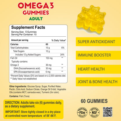 The Alfa Vitamins Stores Omega 3 Adult Gummies include nutrition facts and serving size details. Benefits: DHA and EPA for heart health, plus antioxidant, immune, joint, and bone support. Directions for use and storage are provided at the bottom. Contains 60 gummies.