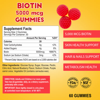 Alfa Vitamins Stores Biotin 5000mcg Adults label shows red gummies, supplement facts detailing 5000 mcg biotin per serving for hair growth and nail strengthening, highlighting skin health benefits with certification logos. Pack includes 60 gummies.