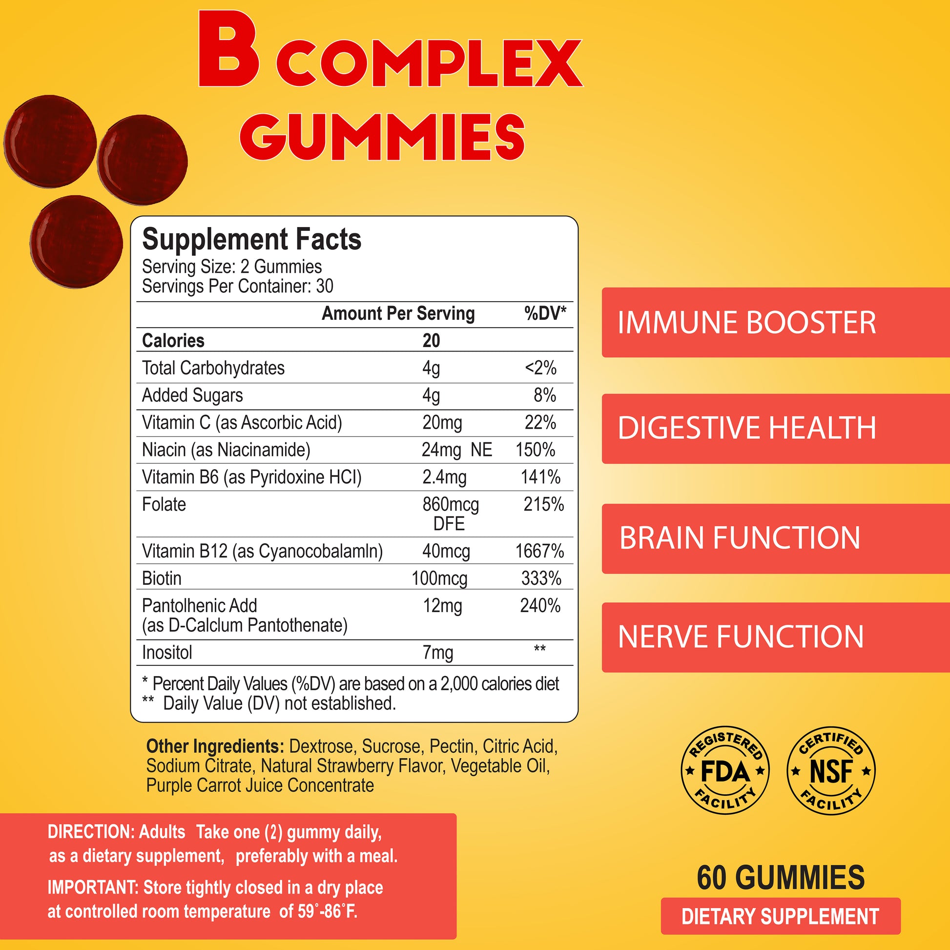 The B Complex Gummies from Alfa Vitamins Store offer 60 yellow gummies packed with B vitamins. They support immune, digestive, brain, and nerve health. This certified product lists supplement facts on the box; enjoy a serving size of 2 gummies.