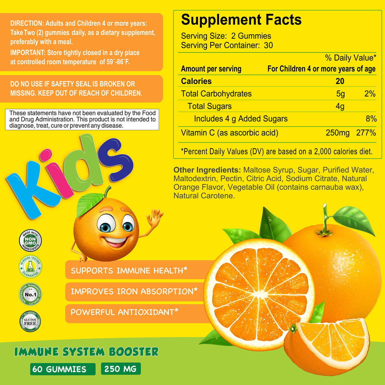 The vibrant Vitamin C Gummies for Kids label from Alfa Vitamins Store features the brand name, supplement facts, benefits such as immune support and iron absorption, and an orange slice image. This 250mg Vitamin C supplement includes 60 antioxidant-rich gummies with natural flavoring.