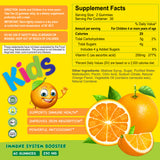 The vibrant Vitamin C Gummies for Kids label from Alfa Vitamins Store features the brand name, supplement facts, benefits such as immune support and iron absorption, and an orange slice image. This 250mg Vitamin C supplement includes 60 antioxidant-rich gummies with natural flavoring.