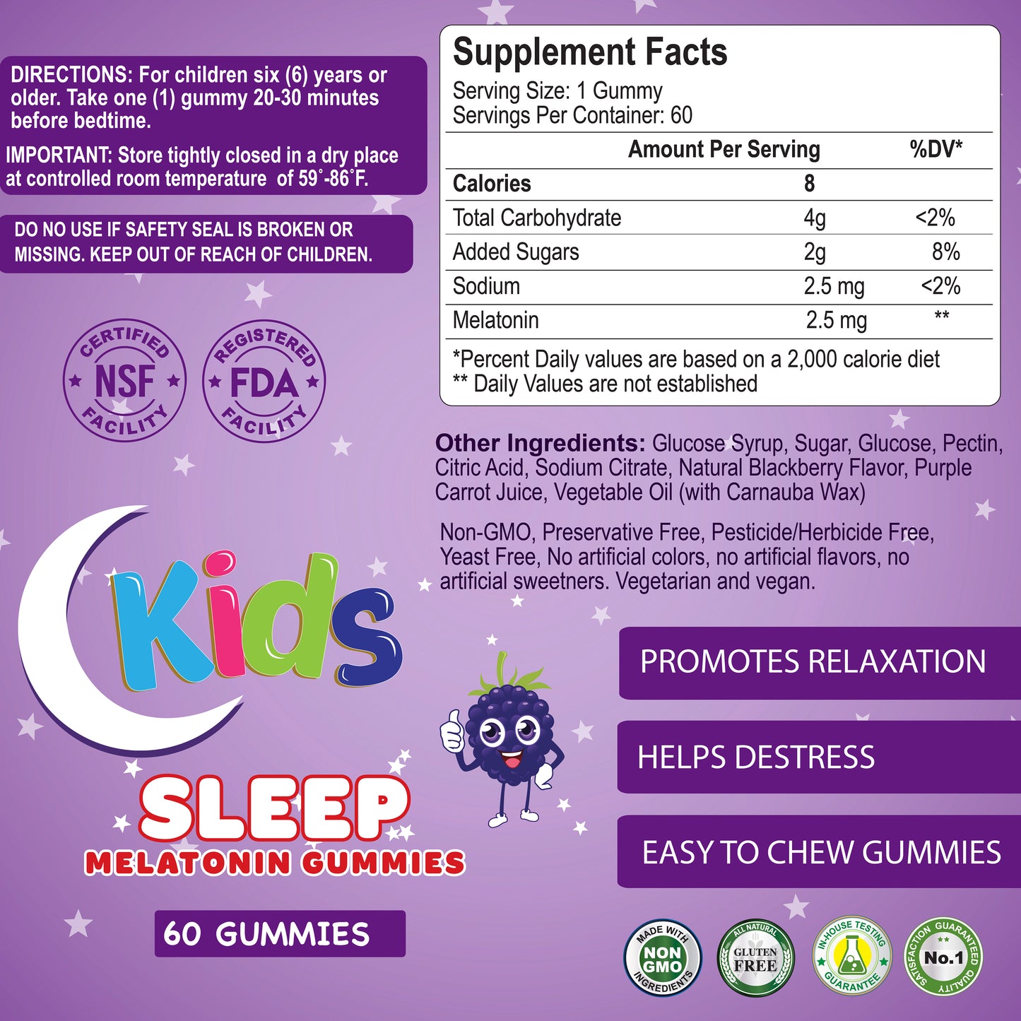 The KIDS Melatonin Gummies with 2.5MG - 60 Gummies by Alfa Vitamins include supplement facts and an ingredient list, highlighting benefits like relaxation and stress reduction as a safe, non-habit-forming sleep aid for children 6 and older, backed by various quality certifications.