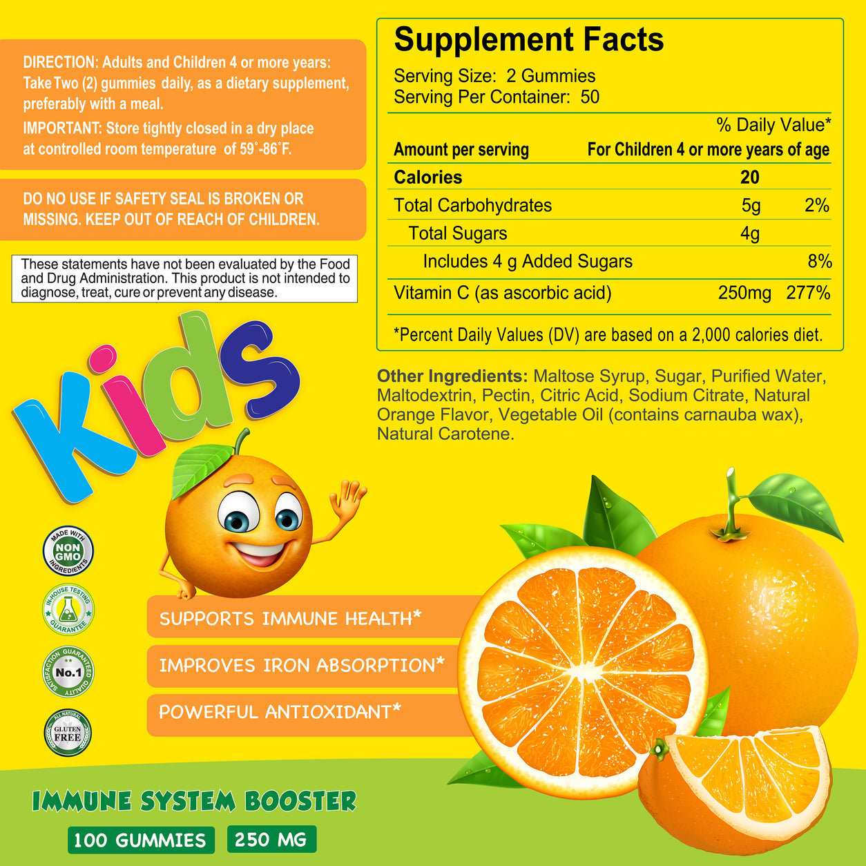 Supplement Facts and directions for Vitamin C Gummies for Kids,100 gummies.