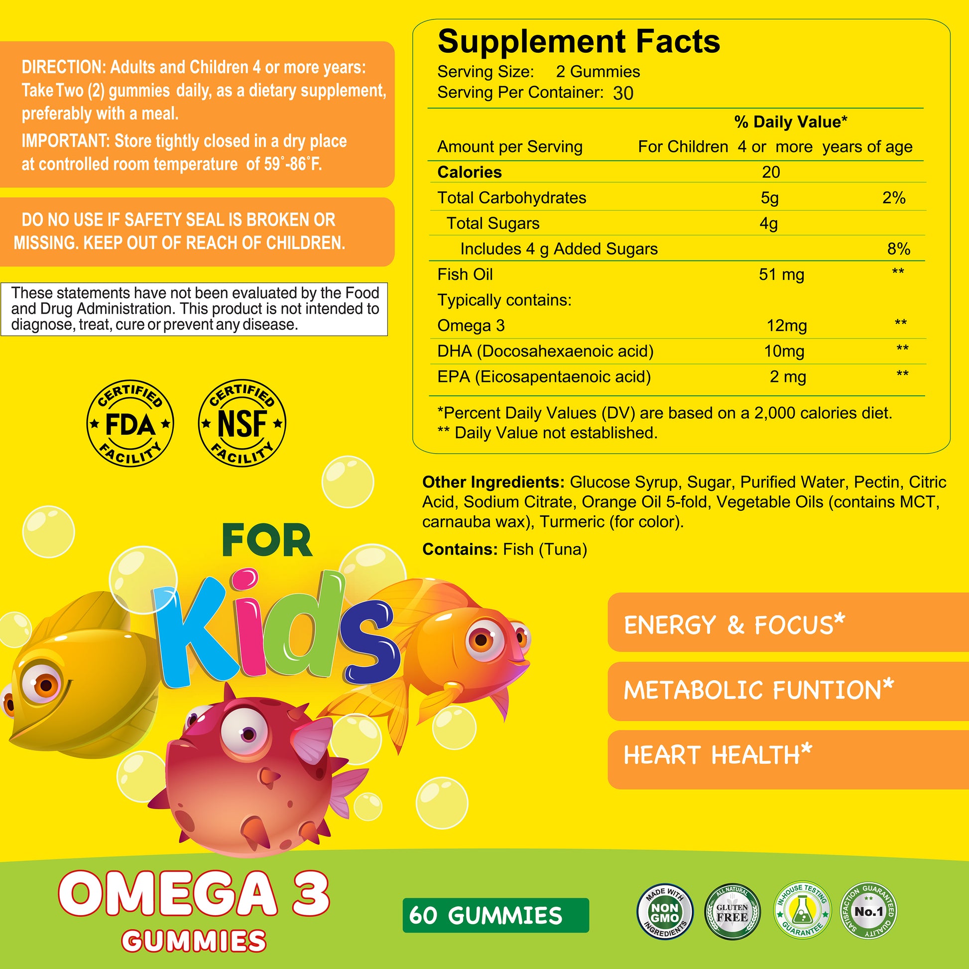 Alfa Vitamins Stores Omega 3 Gummies for Kids, 60 Gummies, feature colorful packaging with illustrations of three fish and bubbles. The label includes supplement facts, directions, safety warnings, and highlights the DHA and EPA benefits for energy, focus, and health.