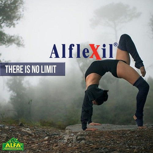 On a foggy outdoor path, someone performs a backbend, showcasing flexibility and strength. The text reads Alflexil®: Your ultimate joint support supplement with There is no limit, as the Alfa Vitamins Store logo rests gracefully at the bottom left.