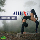 On a foggy outdoor path, someone performs a backbend, showcasing flexibility and strength. The text reads Alflexil®: Your ultimate joint support supplement with There is no limit, as the Alfa Vitamins Store logo rests gracefully at the bottom left.
