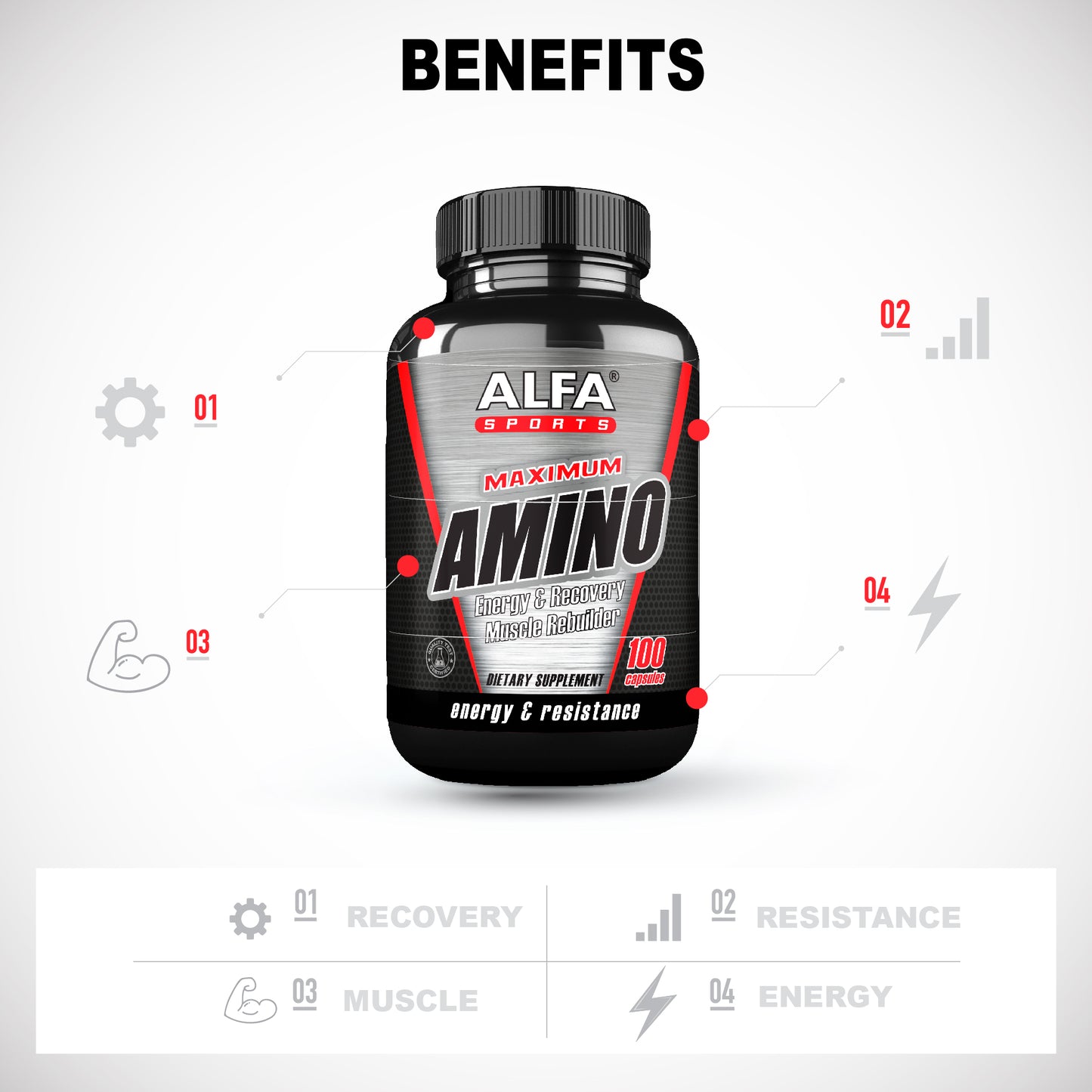 An image of a black and red Alfa Vitamins bottle, Maximum Amino - 100 capsules, showcases benefits like recovery, muscle strength, resistance, and energy via essential amino acids. Icons depict these benefits with symbols like a bicep and lightning bolt.