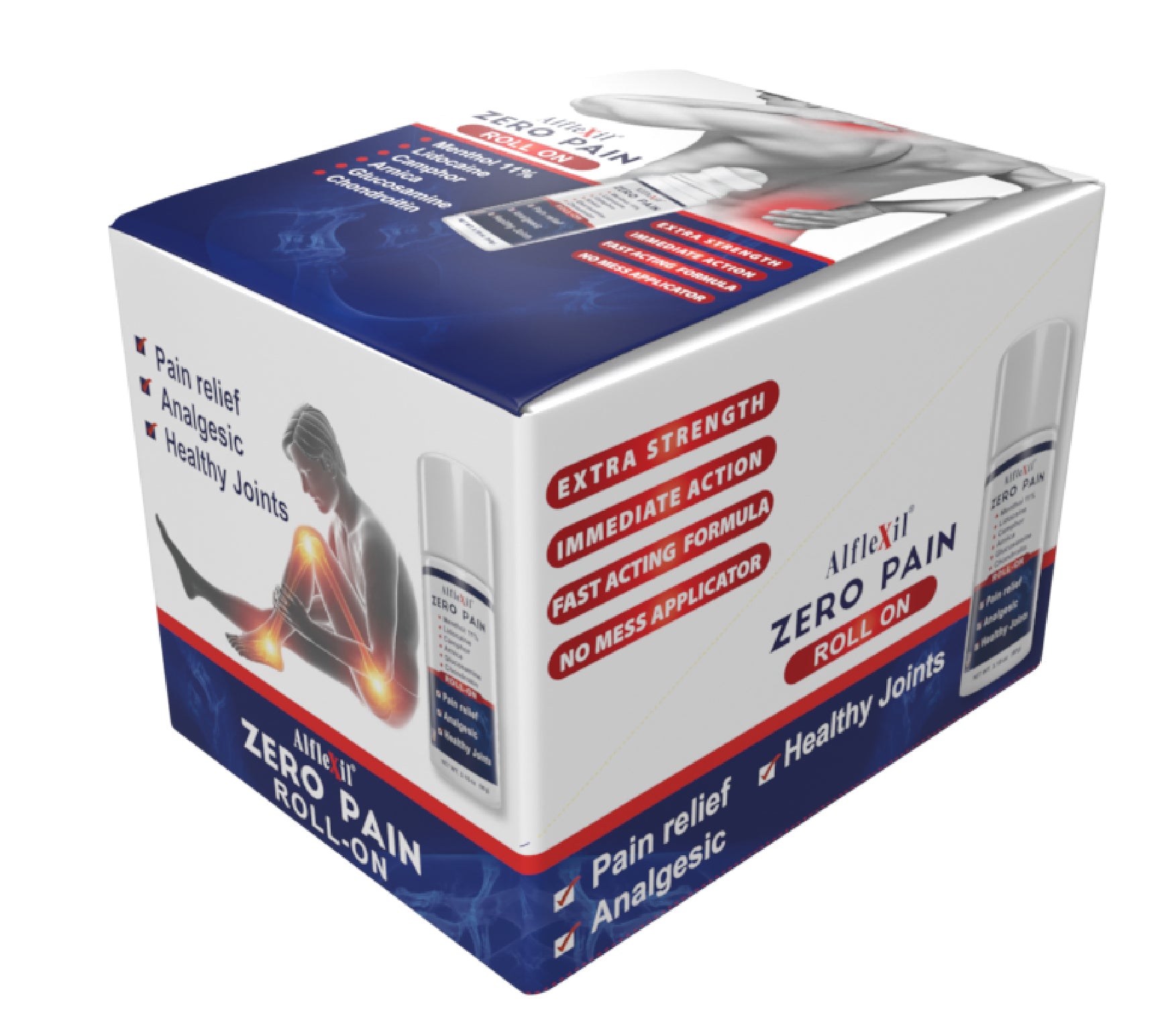 The ALFLEXIL Pain Relief Roll-On, available in a 3.18 oz size from Alfa Vitamins Store, features packaging highlights like extra strength, fast-acting relief, and a no-mess applicator. This topical analgesic is marketed for effective pain alleviation and supports healthy joints.