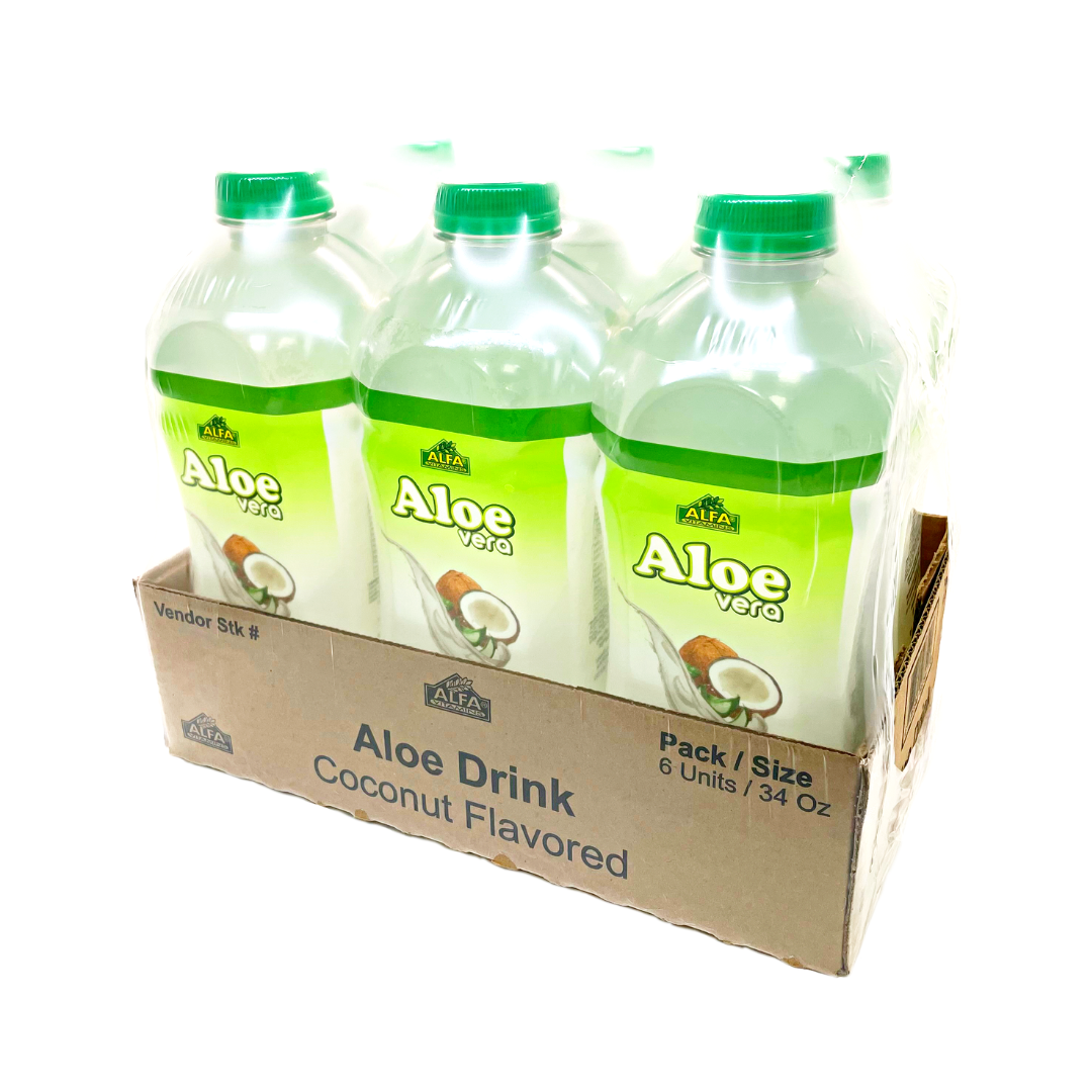 A six-pack of 34 oz Alfa Vitamins Aloe Vera Drink-Coconut comes in an open box. This rejuvenating drink features green caps and labels with aloe vera leaves and coconut, providing a refreshing immune boost.