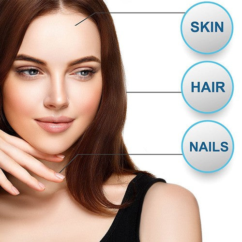 A woman with brown hair smiles gently, showcasing her beauty and self-care with circles labeled Skin Elasticity, Hair, and Nails. She wears a black sleeveless top against a white background, highlighting Alfa Vitamins CollagenC Hydrolysate powder with Vitamin C - 30 Packs benefits.