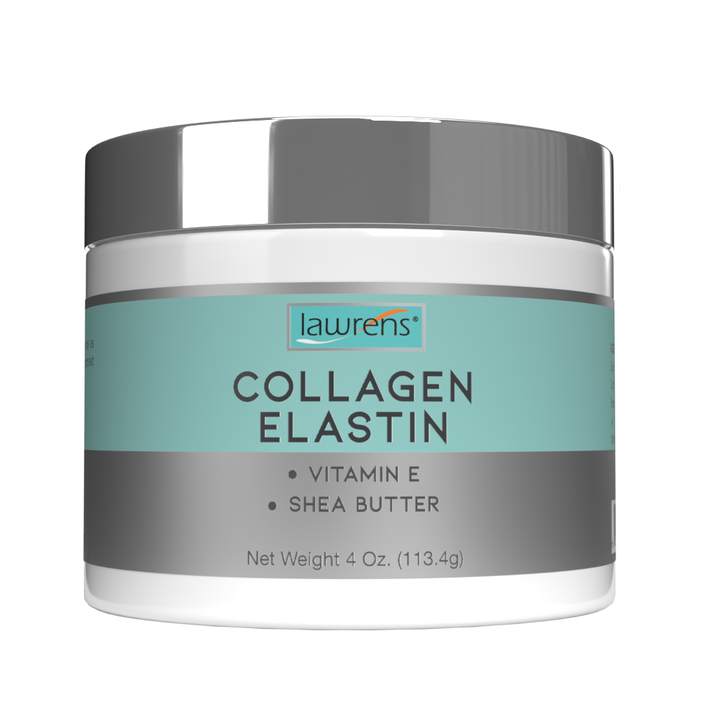 Alfa Vitamins Collagen Elastin Cream, enriched with Vitamin E and Shea Butter, enhances skin elasticity. This 4 oz beauty essential features a teal and gray design to promote a youthful appearance.