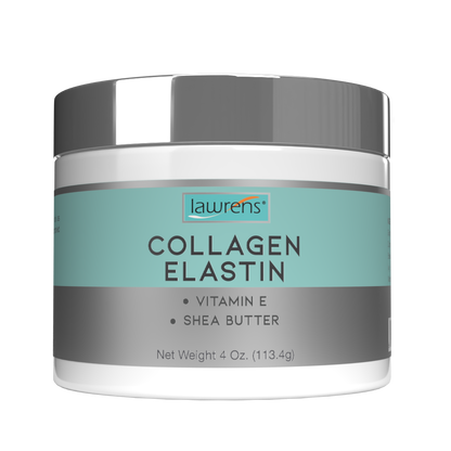 Alfa Vitamins Collagen Elastin Cream, enriched with Vitamin E and Shea Butter, enhances skin elasticity. This 4 oz beauty essential features a teal and gray design to promote a youthful appearance.