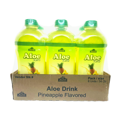 Three Alfa Vitamins Aloe Vera Drink-Pineapple bottles are presented in a cardboard pack. The green bottles and caps feature pineapple-labeled superfood elixirs, ideal for digestive support.