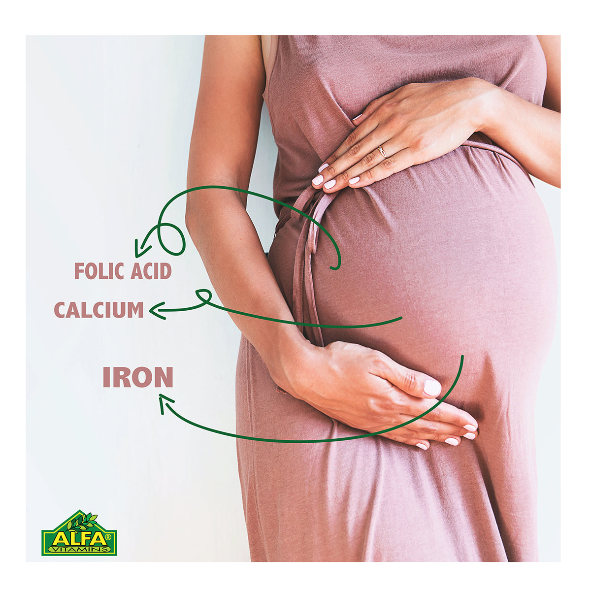 A brown-dressed pregnant person gently holds their belly, highlighting the importance of folic acid, calcium, and iron for fetal development in an image featuring the Alfa Vitamins logo. The product is Alfa Prenatal - Before & After Pregnancy - 60 Capsules.