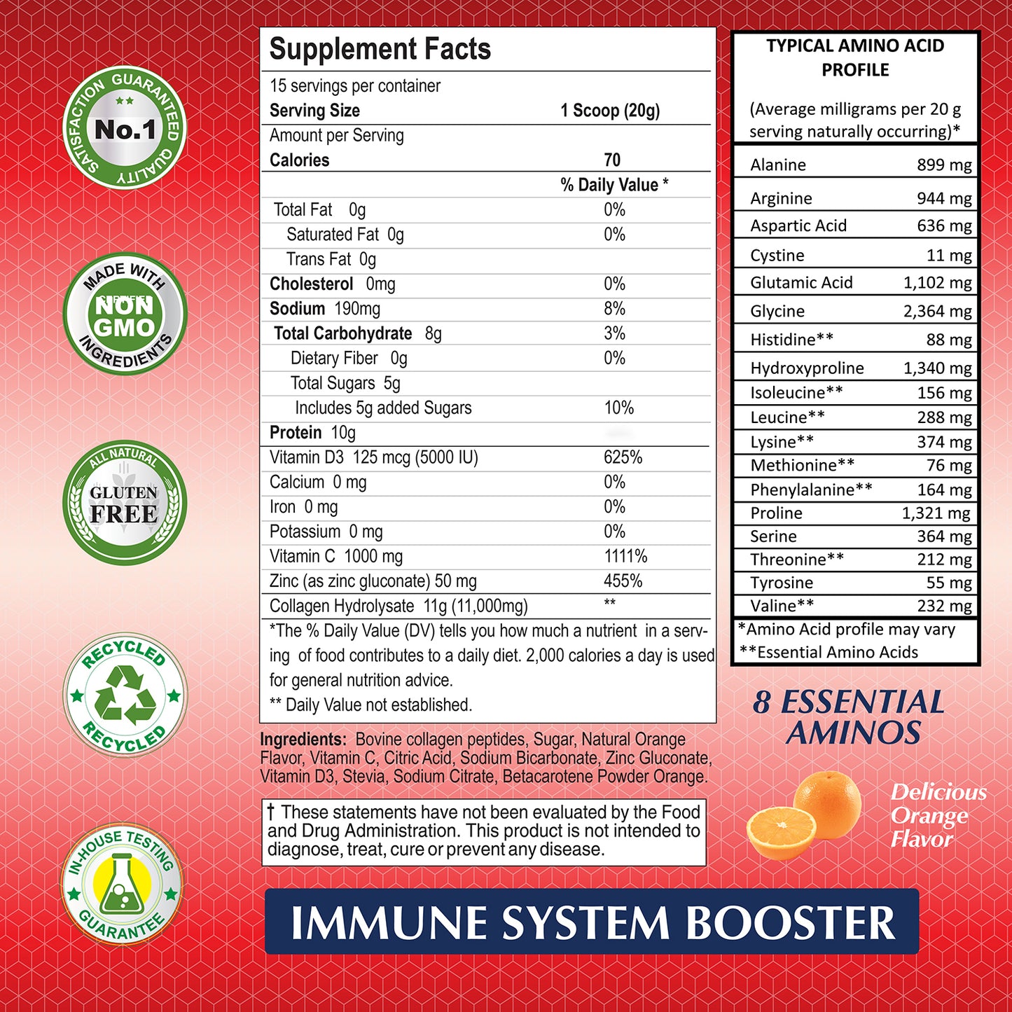 The SuperC Immune powder formula in Orange Flavor by Alfa Vitamins offers an immune boost with Vitamin C. Detailed supplement facts, an amino acid profile, and features such as non-GMO, gluten-free, and recyclable packaging make it both effective and environmentally friendly.