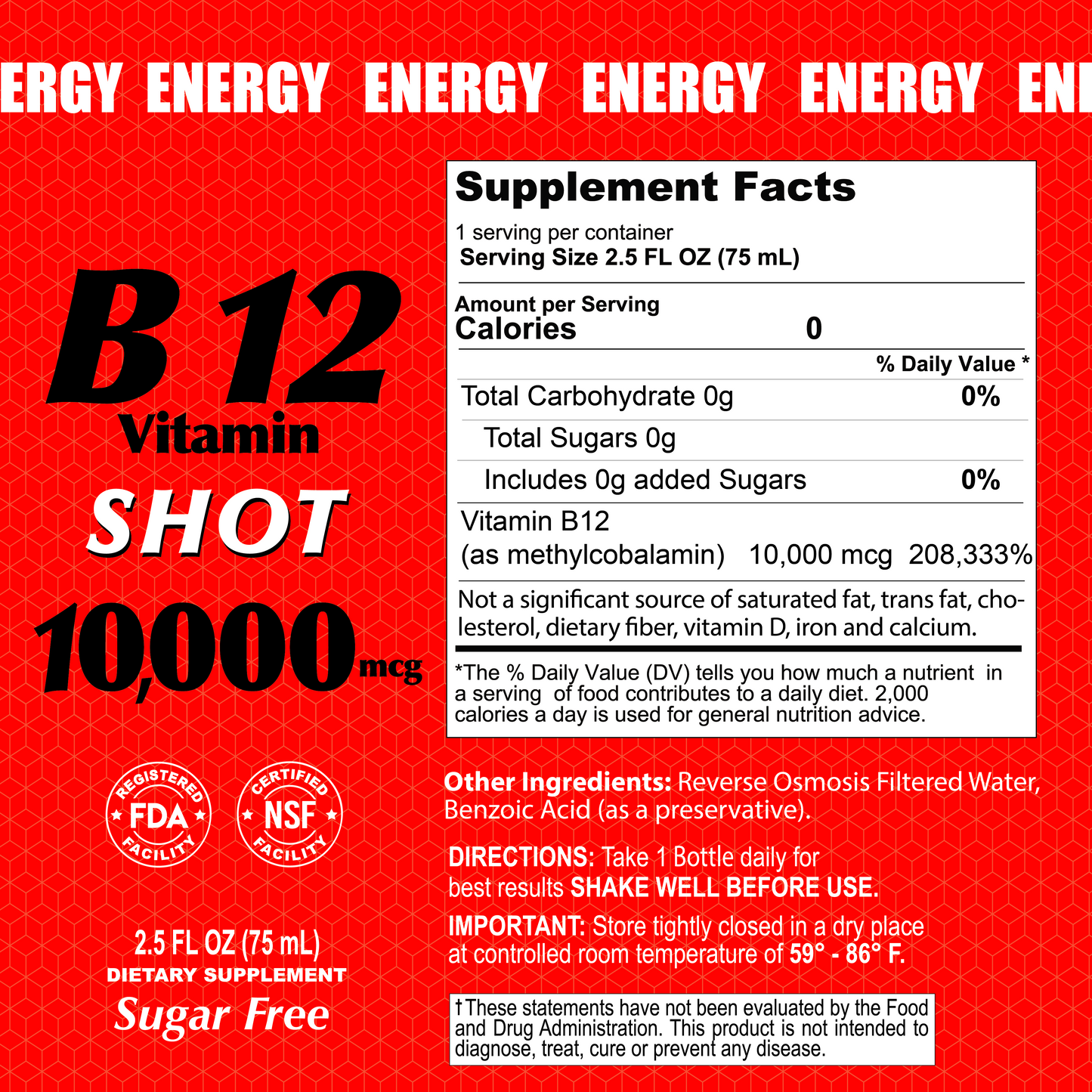 The Alfa Vitamins B12 Vitamin Shot with 10,000 MCG has a bold red label featuring supplement facts, ingredients, usage directions. It highlights sugar-free, NSF certification, and non-GMO seal claims while supporting cognitive function and energy production effectively. Available in a 20 pack.