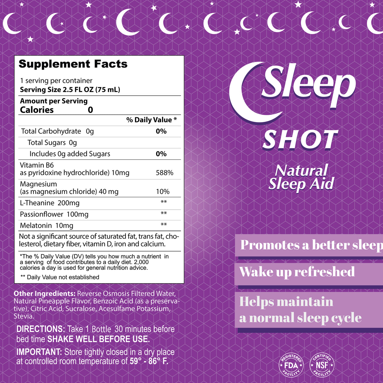 Sleep Shot with pineapple flavor — original Supplement Facts and ingredients label