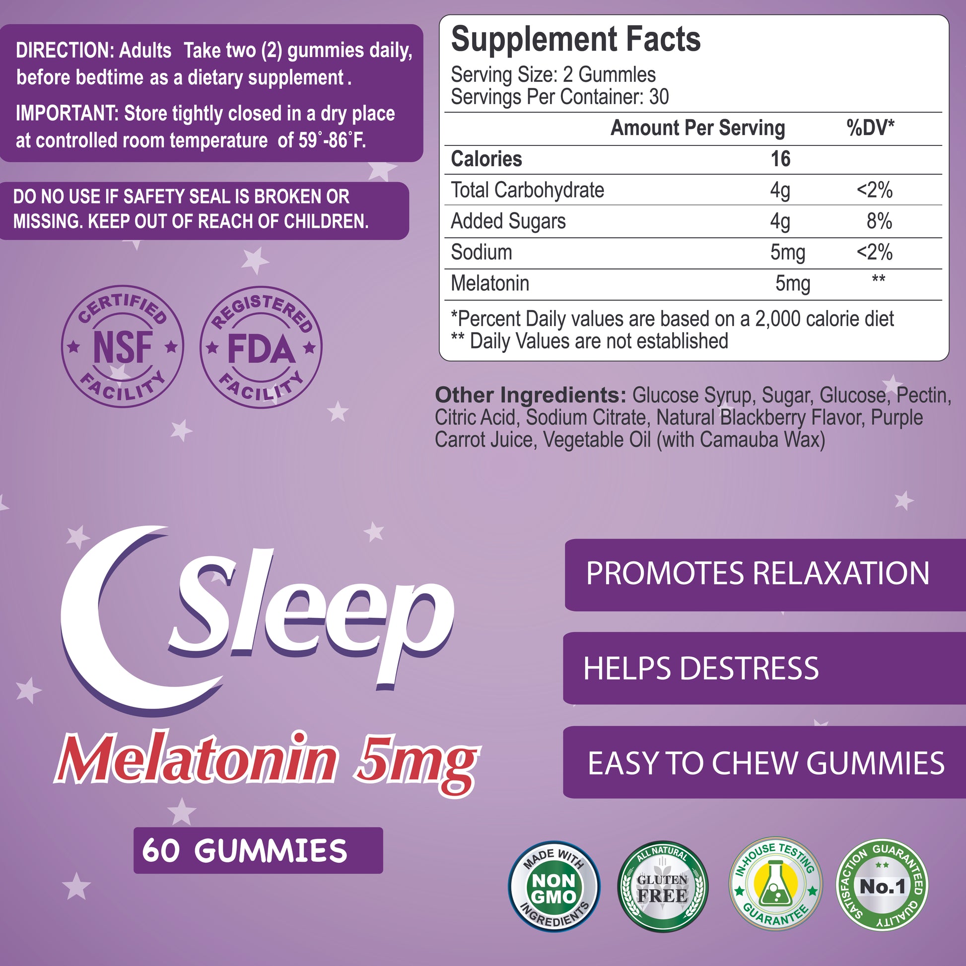 The purple label for Alfa Vitamins Melatonin Gummies with 5MG - 60 Gummies displays supplement facts, usage directions, and benefits: promotes relaxation, enhances sleep quality, helps destress; includes NSF and FDA logos. Theyre easy to chew.