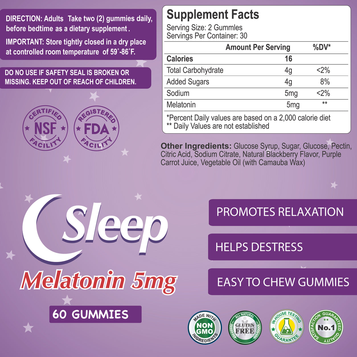 Existing Melatonin Gummies with 5MG - 60 Gummies label and ingredients reference